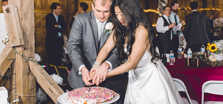 Bride and groom cutting a giant frosted doughnut together with both hands